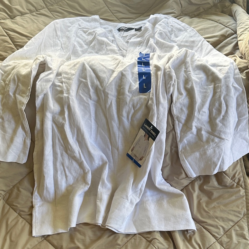 Lands End Women’s White Linen Boho Shirt
